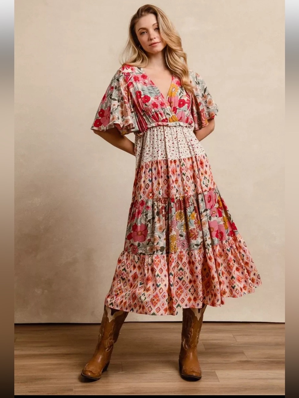 🌴 NWT BIbi Rose Patchwork Floral Tiered Ruffle Dress.